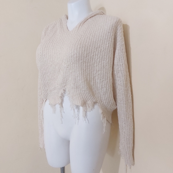 Distressed Destroyed Oversized Thick Knit Hooded Cropped Sweater by French Kiss - Picture 2 of 12